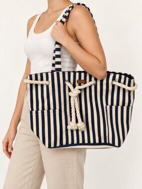 NWT Sun ’N’ Sand Navy & Ivory Striped Rope Beach Tote